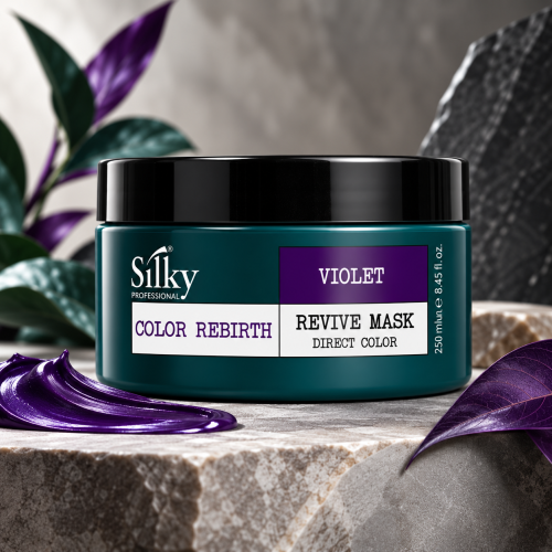 Silky Color Rebirth Violet 250 ml – fioletowa maska koloryzująco-odżywcza do włosów, która odświeża fioletowy kolor, podkreśla refleksy i nadaje pasmom blask. Idealna do pielęgnacji włosów farbowanych. Dostępna w ART FRYZ.