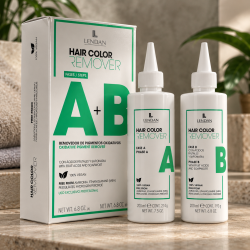Lendan Hair Color Remover A+B 2 × 200 ml – profesjonalny zestaw do usuwania sztucznych pigmentów po koloryzacji włosów, przeznaczony do zabiegów dekoloryzacji w salonach fryzjerskich. Dostępny w ART FRYZ.